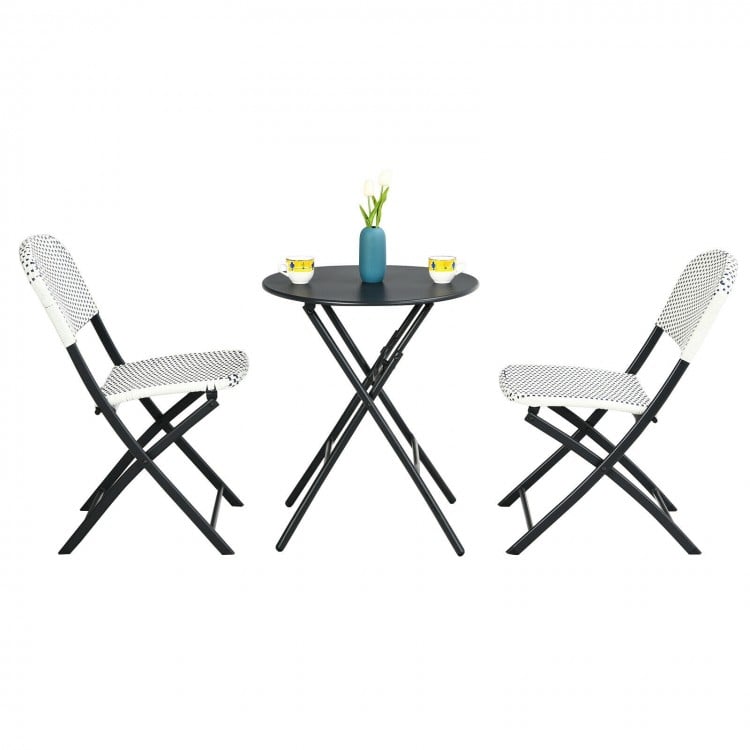 3-piece patio bistro set featuring a round folding table and 2 chairs made of durable PE rattan, perfect for outdoor.