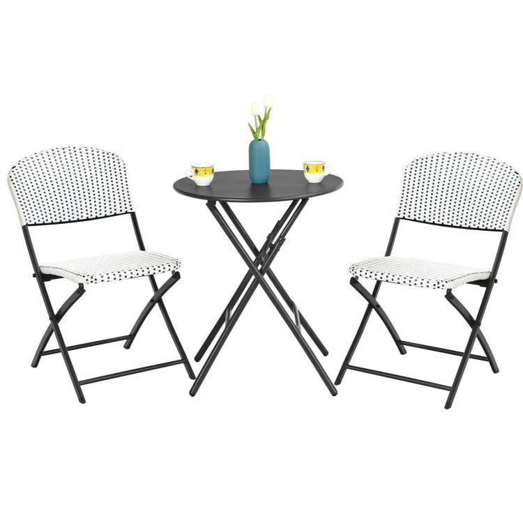 3-piece patio rattan bistro set featuring a round folding table and 2 chairs, ideal for outdoor dining and relaxation.