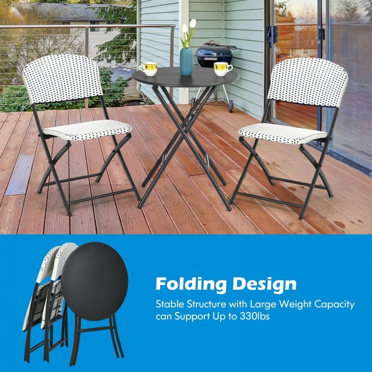 Folding rattan bistro set featuring a round table and 2 chairs, perfect for outdoor patio dining.