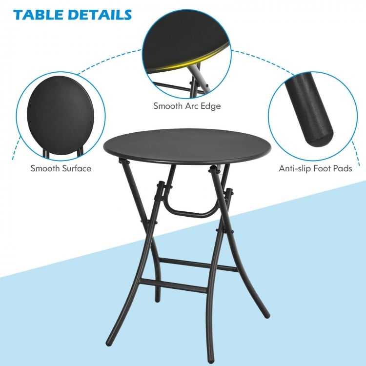 Round folding dining table with smooth surface and anti-slip foot pads, part of a 3-piece patio rattan bistro set.