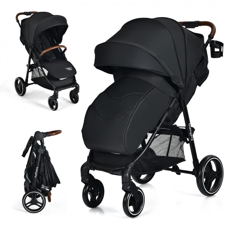 Lightweight black infant stroller with 5-point harness, adjustable backrest, and detachable foot cover for safety and.