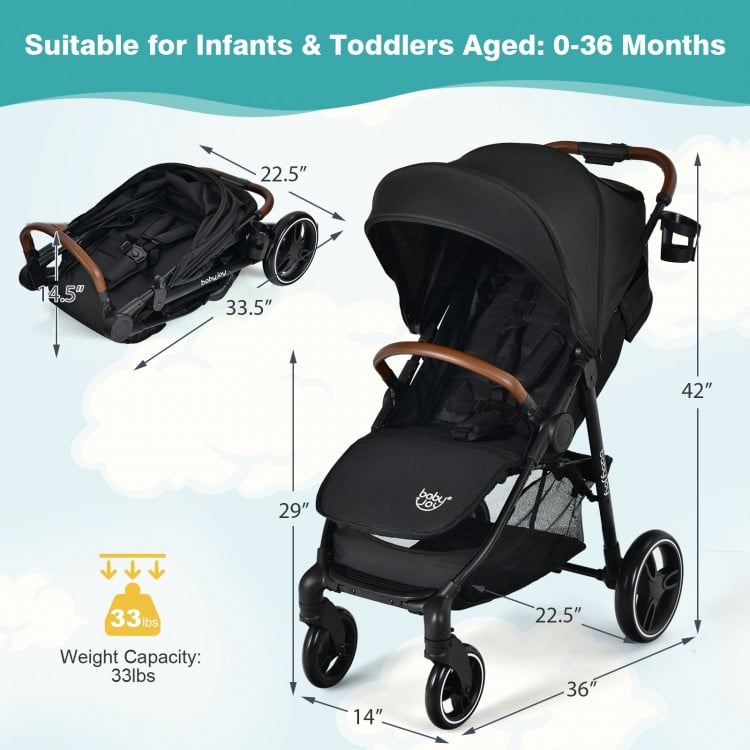 Lightweight black infant stroller with adjustable backrest, 5-point harness, and detachable foot cover for babies 0-36.