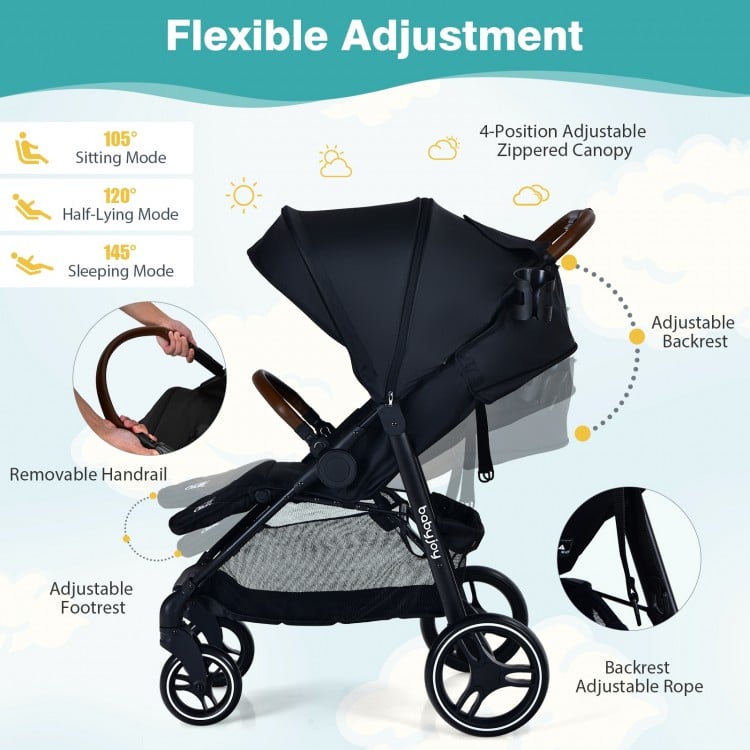 Adjustable black stroller with a zippered canopy, ergonomic backrest, and detachable foot cover for versatile comfort.