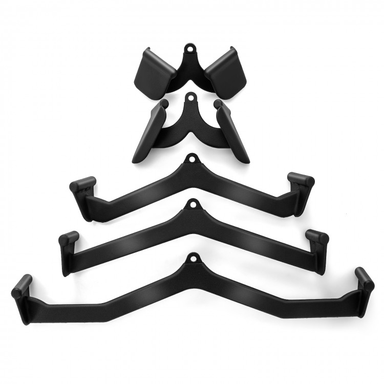 LAT pulldown attachment set featuring five heavy-duty metal grips for versatile upper body workouts at home.