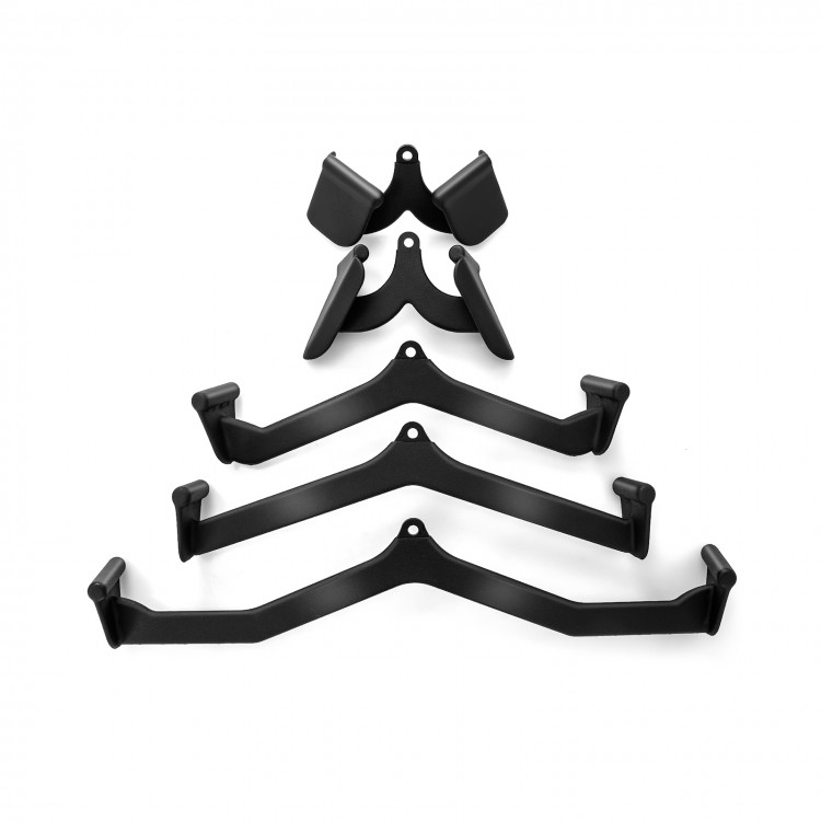 LAT pulldown attachment set featuring five heavy-duty metal grips for versatile upper body workouts in home gyms.
