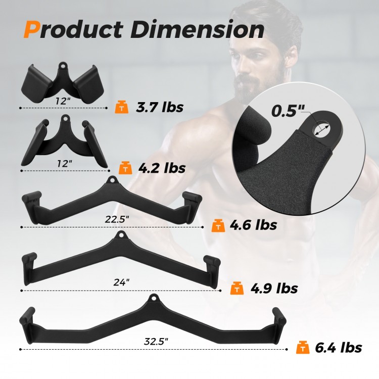 LAT Pulldown attachment set dimensions showcasing five different attachments for home gym fitness, made from heavy-duty.