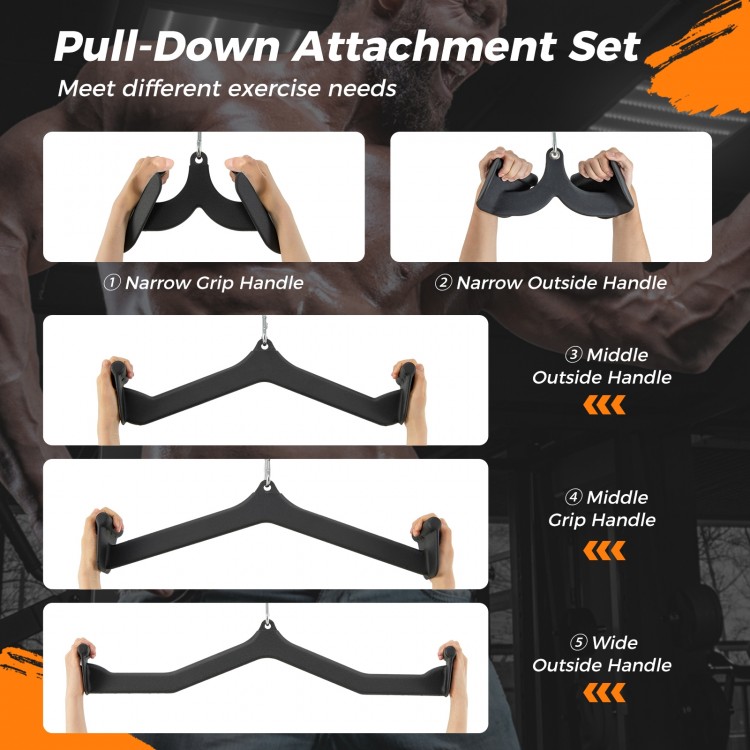 LAT Pulldown Attachment Set showcasing five different handles for versatile upper body workouts in a home gym.