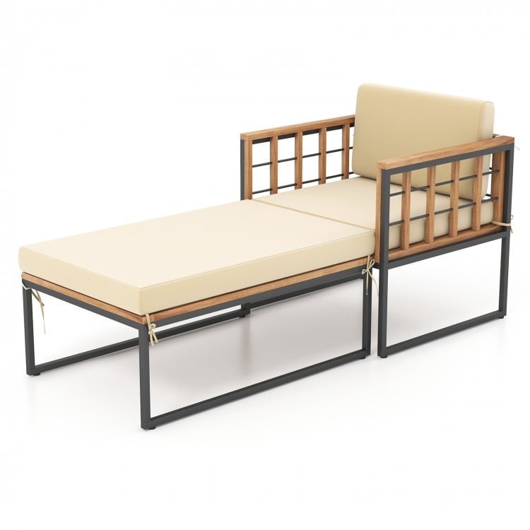 Acacia wood armchair with long ottoman and soft cushions, ideal for backyard or poolside relaxation.