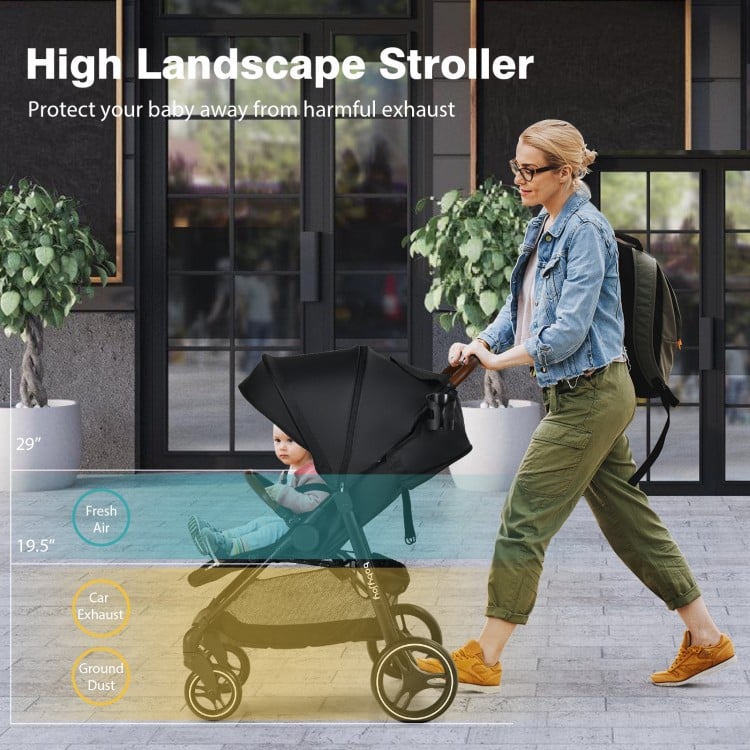 Lightweight black infant stroller with 5-point harness, adjustable backrest, and detachable foot cover for safe outdoor.