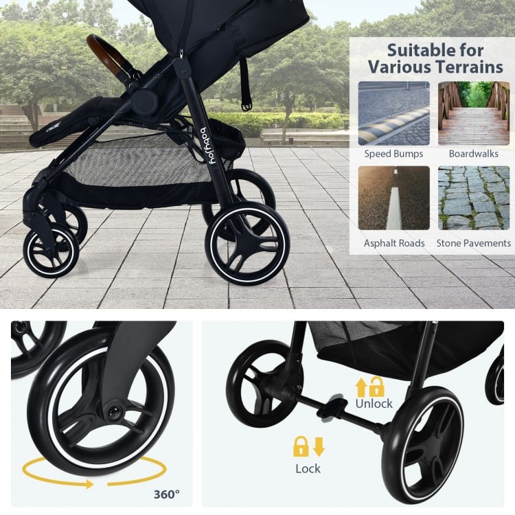 Lightweight black infant stroller with 5-point harness, adjustable backrest, and lockable front wheels for safety.