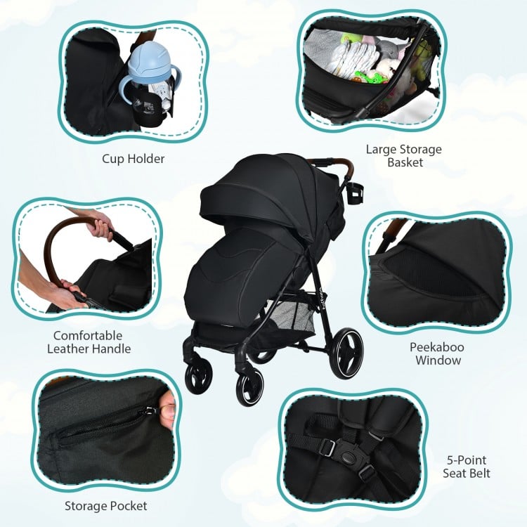 Lightweight black infant stroller featuring a 5-point harness, adjustable backrest, and large storage basket for.