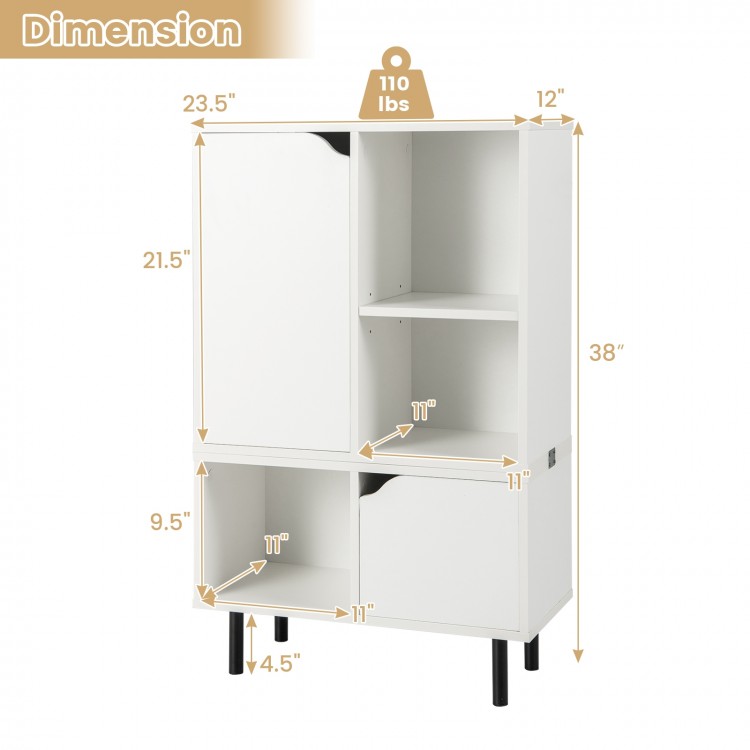 Stackable white bookcase with adjustable shelf, enclosed storage, and sturdy metal legs, ideal for living room or.