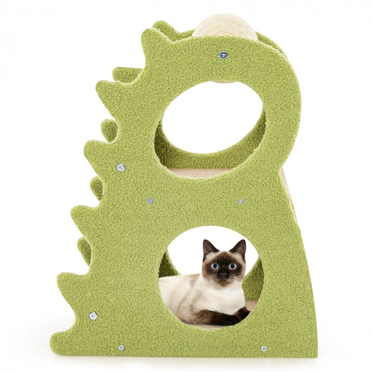 Modern green 2-tier cat tree with dinosaur design, featuring cozy platforms and playful cat holes for indoor cats.