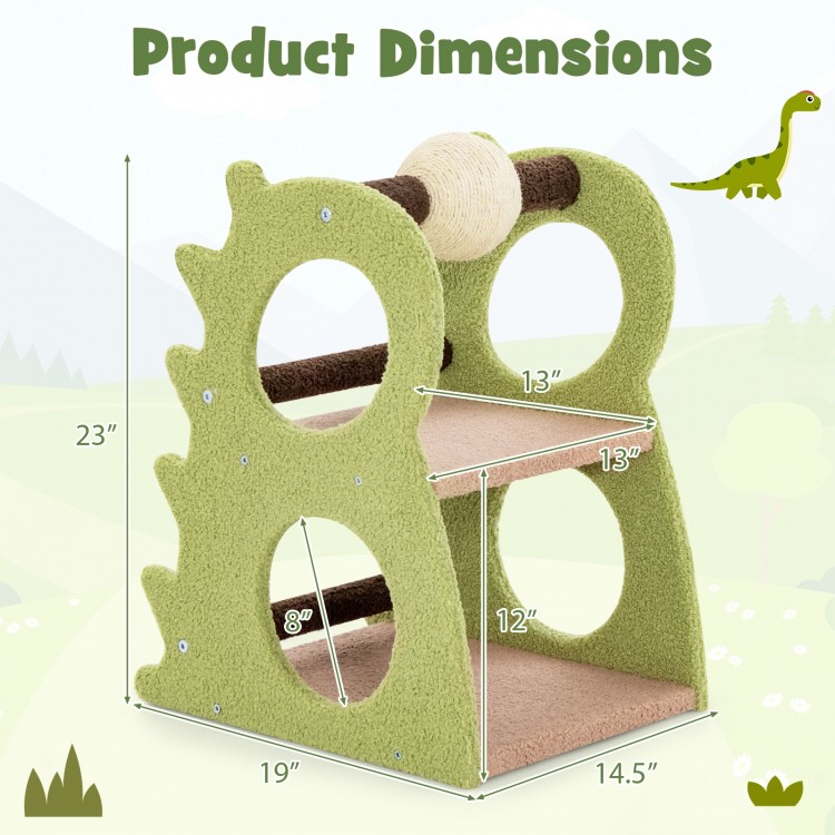 2-tier green cat tree with dinosaur design, featuring scratching ball, 4 cat holes, and sturdy platforms for indoor.