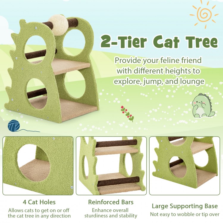 2-tier green cat tree with 4 cat holes, reinforced bars, and a rotatable sisal scratching ball for indoor play.