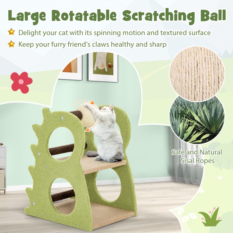 Large 2-tier modern cat tree in green with rotatable sisal scratching ball for indoor cats, featuring playful design.