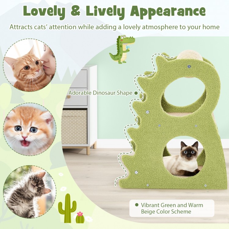 2-tier modern cat tree in vibrant green with dinosaur shape, featuring plush fabric and rotatable sisal scratching ball.