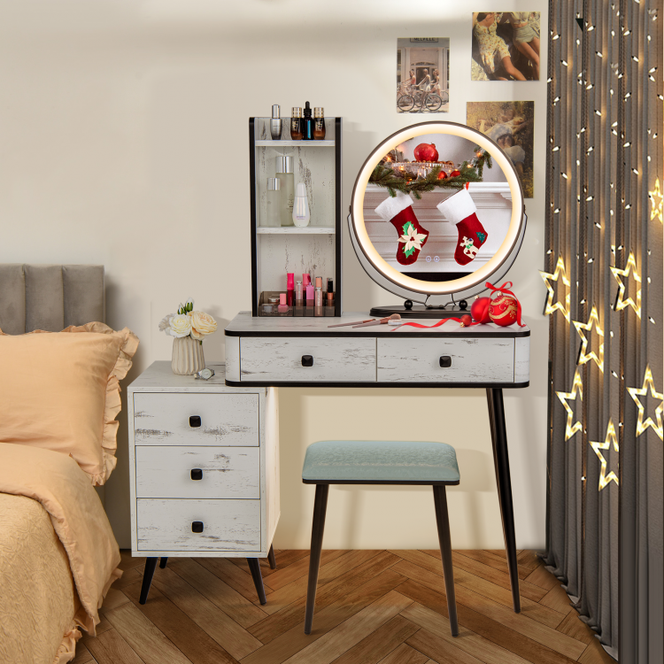 Vanity table set with a 3-color lighted mirror, cushioned stool, and storage drawers, perfect for makeup or writing.