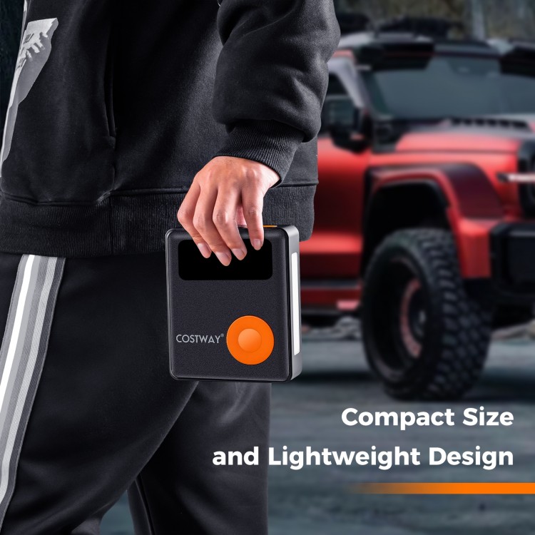 Compact jump starter with air compressor, 2000A peak current, lightweight design for easy portability and emergency use.