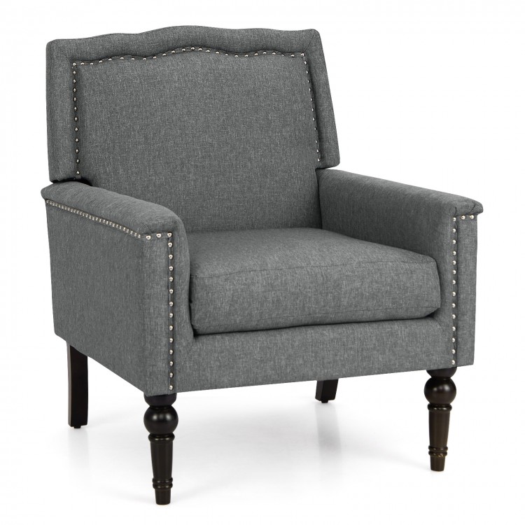 Gray mid-century modern armchair with cushion, nailhead trim, and rubber wood legs, perfect for living rooms or offices.