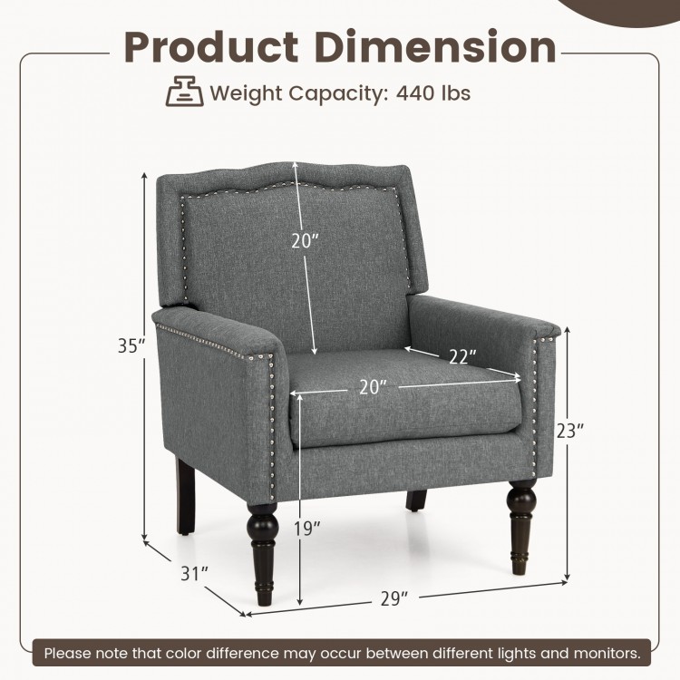 Mid-century modern armchair with gray linen fabric, 6" thick cushion, and robust rubber wood legs for stability.