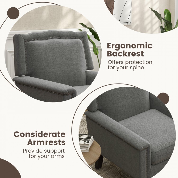 Mid-century modern armchair with ergonomic backrest and considerate armrests, upholstered in gray linen fabric for.