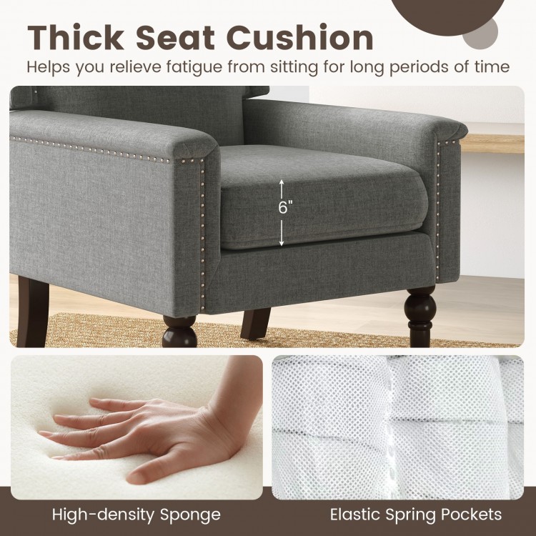 Thick 6" seat cushion of the gray mid-century modern armchair, featuring ergonomic backrest and nailhead trim for.