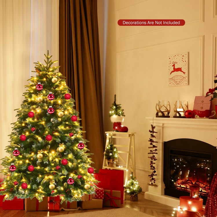 Pre-lit 5 ft snowy Christmas tree with multi-color lights and hinged design, perfect for festive home decoration.