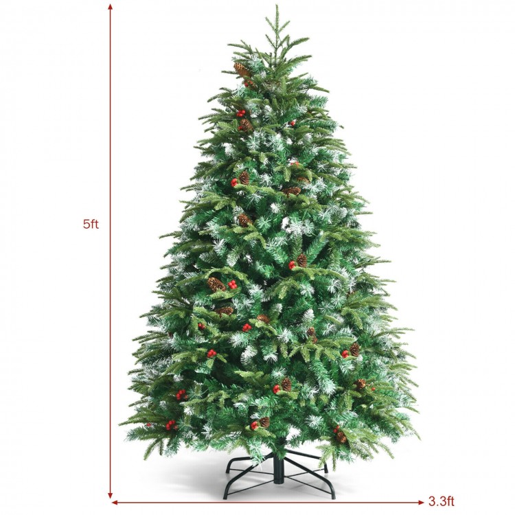 5ft pre-lit snowy Christmas tree with red berries, pine cones, and multi-color LED lights for festive holiday decor.