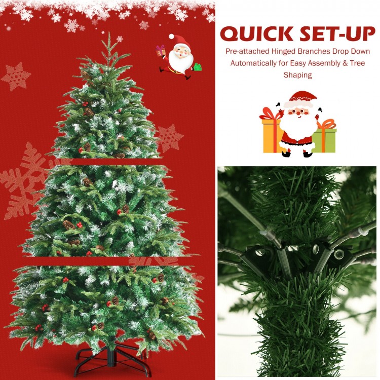 Pre-lit 5 ft snowy Christmas tree with hinged branches, multi-color LED lights, and festive pine cones for holiday.