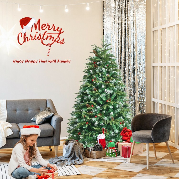 Pre-lit 5 ft snowy Christmas tree with multi-color lights, pine cones, and red berries for festive holiday decor.