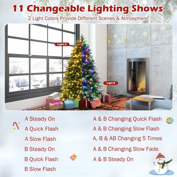 Pre-lit 5 ft snowy Christmas tree with multi-color lights and 11 flash modes, ideal for festive home decoration.