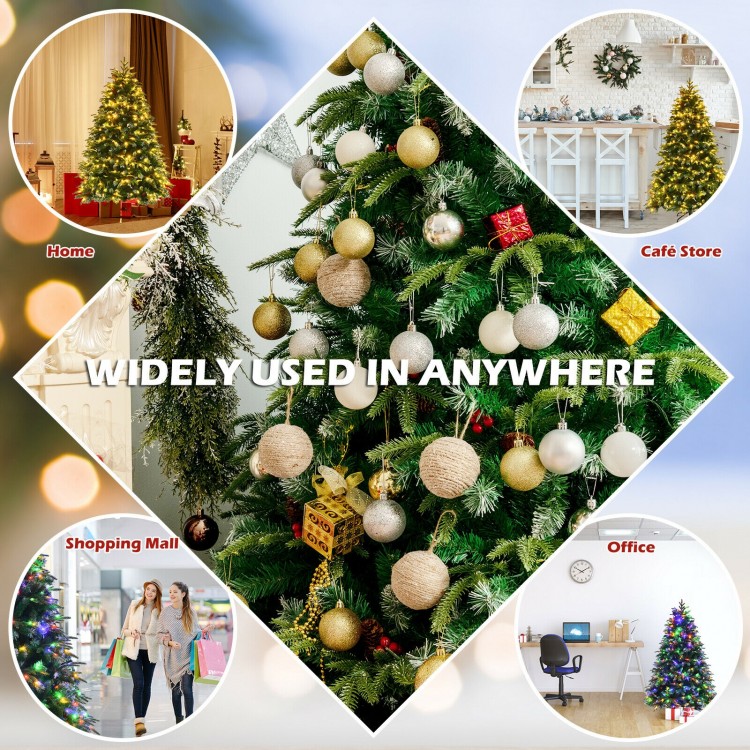 Snowy pre-lit Christmas tree with multi-color LED lights, featuring pine cones and berries, perfect for festive.