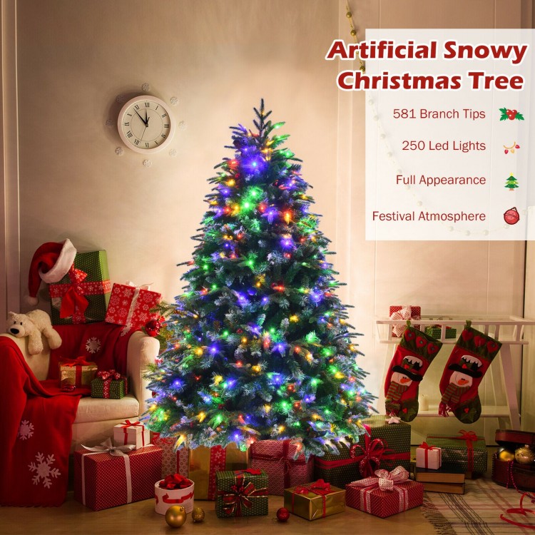 Pre-lit 5 ft snowy Christmas tree with 581 branch tips and multi-color LED lights, perfect for festive home decoration.