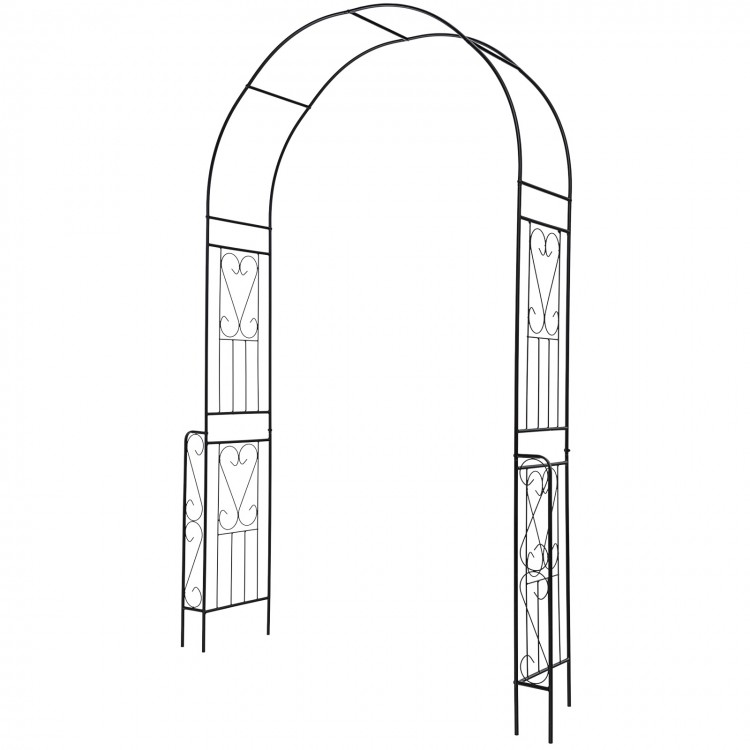 Black metal garden arch backdrop stand, featuring sturdy crossbars and 6 legs for secure fixation in various outdoor.