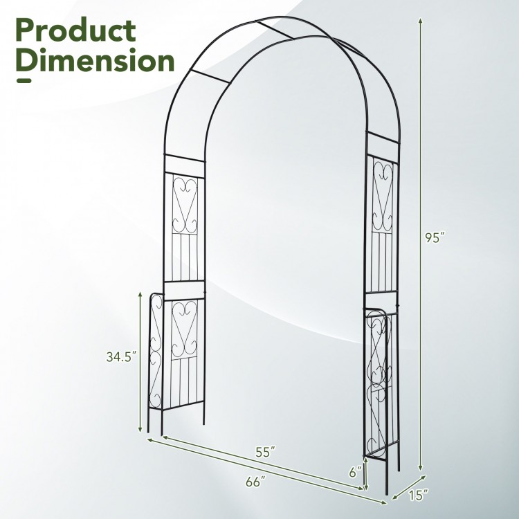 Metal garden arch backdrop stand with fence, 7.9 feet tall, black finish, ideal for climbing plants and outdoor.