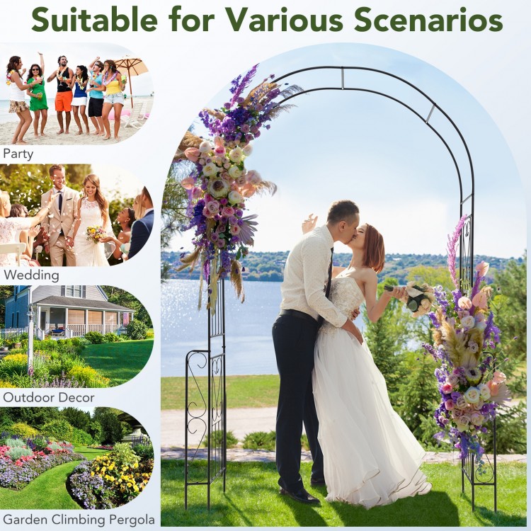 7.9 feet black metal garden arch with trellis for climbing plants, ideal for weddings and outdoor decorations.
