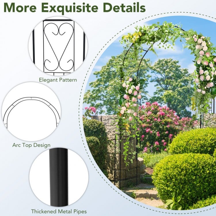 Elegant black metal garden arch with arc top design and thickened pipes, perfect for climbing plants and outdoor decor.