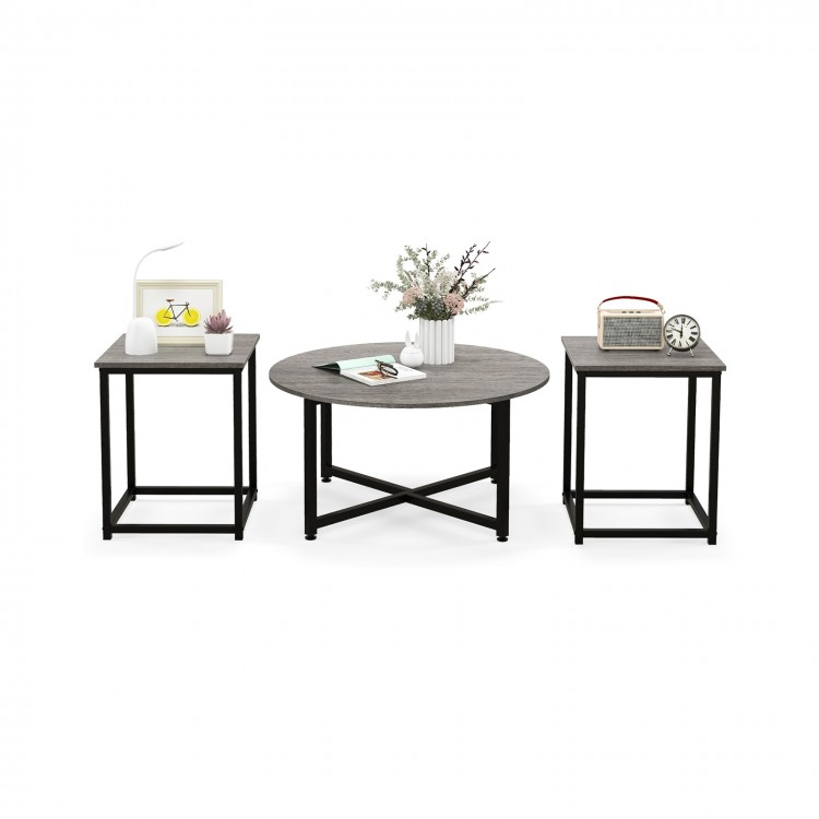 3-piece coffee table set featuring a round coffee table and two square end tables in gray, perfect for versatile.