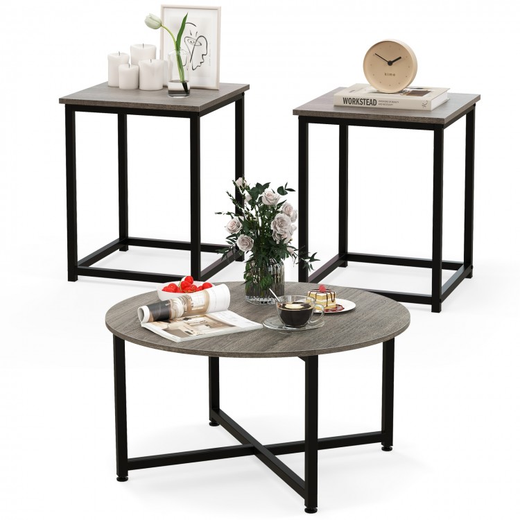 Square end table from the 3-piece coffee table set in gray, featuring a textured surface and sturdy metal frame for.