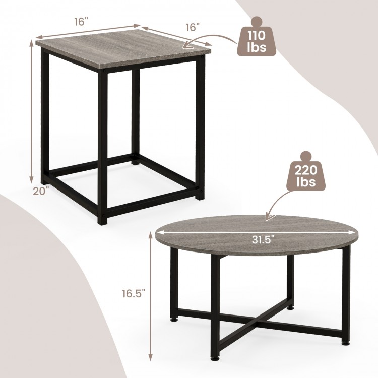Gray round coffee table and two square end tables with a sturdy metal frame for versatile living room layouts.