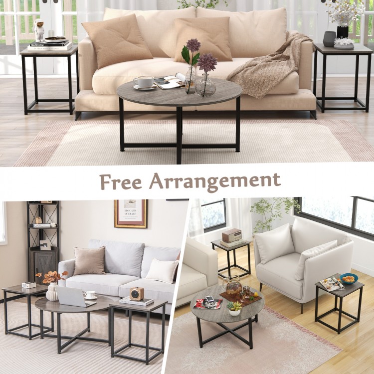 Round coffee table with two square end tables in gray, featuring a stylish design and durable metal frame for versatile.