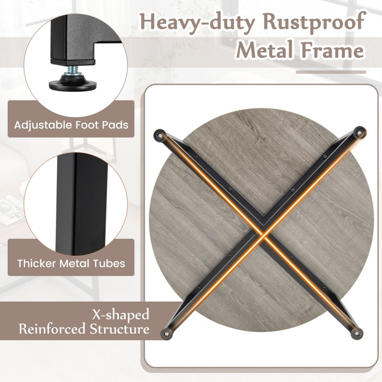 Round coffee table top with gray texture, featuring a heavy-duty rustproof metal frame and adjustable foot pads for.
