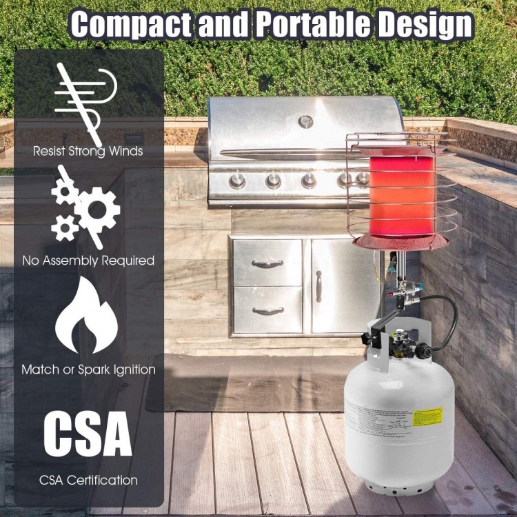 360-degree portable outdoor propane heater with adjustable heat levels, designed for camping and outdoor activities.