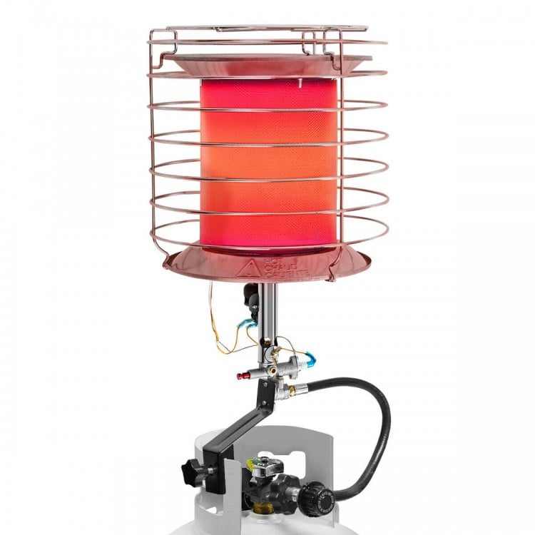 Close-up view of the 360-degree portable outdoor propane heater's chrome emitter guard, ensuring safety while heating.