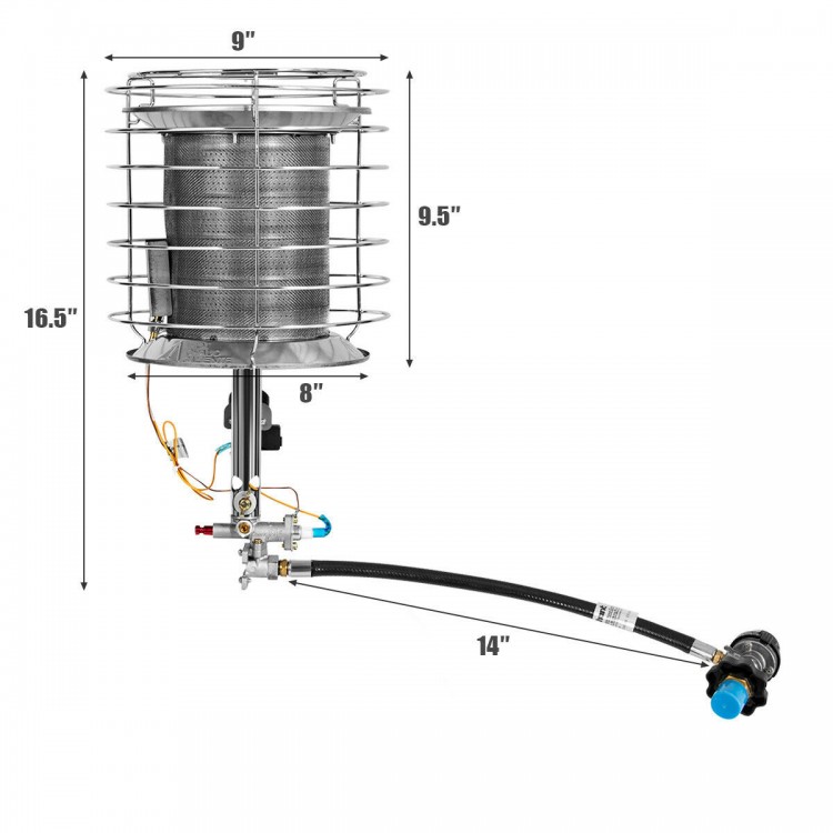 360-degree portable outdoor propane heater with adjustable heat levels, safety features, and rustproof chrome emitter.