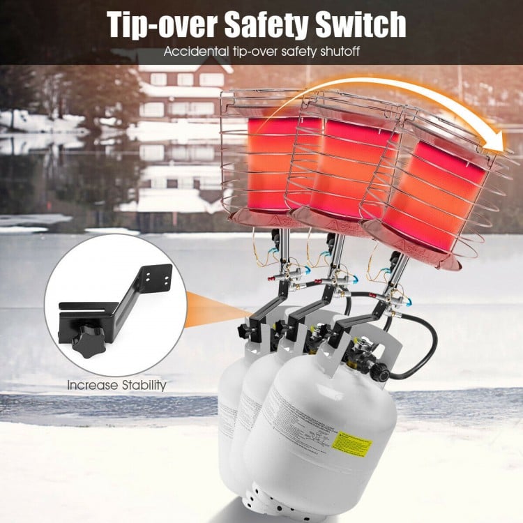 360-degree portable outdoor propane heater with tip-over safety switch, adjustable heat levels, and stability support.