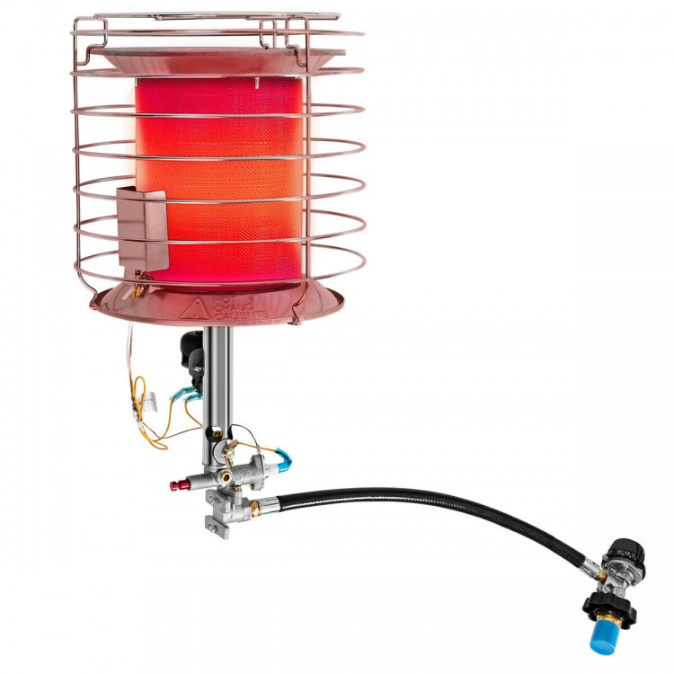 360-degree portable outdoor propane heater with adjustable heat levels, ideal for camping and outdoor activities.