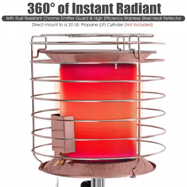 360-degree portable outdoor camping propane heater with rust-resistant chrome guard, adjustable heat, and safety.