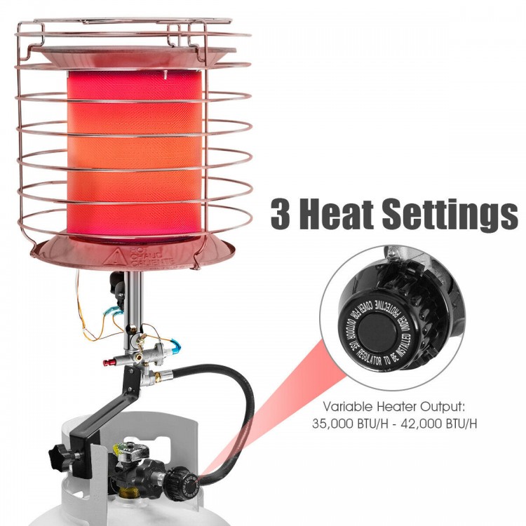 360-degree portable outdoor propane heater with adjustable 42,000 BTU, ideal for camping and outdoor activities.